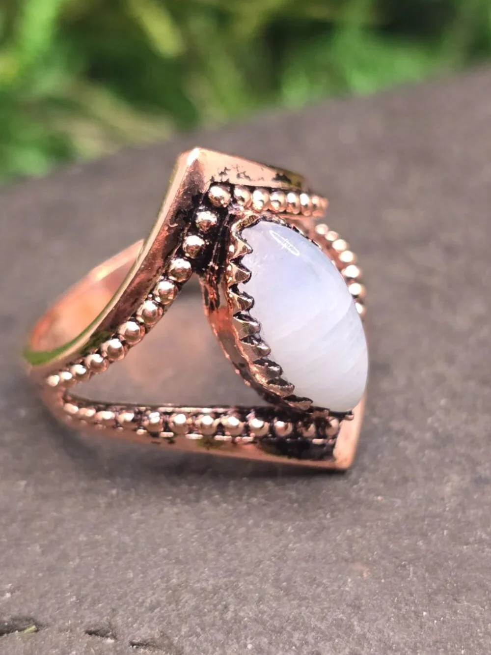 Moonstone Copper Marquise Ring Size 7 Blue Flash Gemstone Jewelry